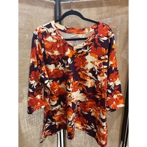 Jessica London Women's Plus Size Floral V Neck 3/4 Sleeve Tunic Top
